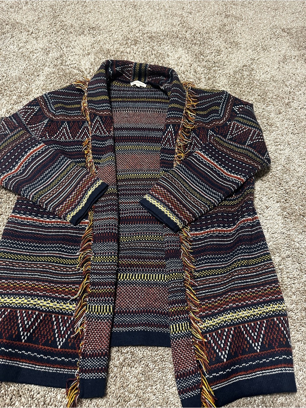 Open-Front Fringed Knit Cardigan Sweater - Multicolor